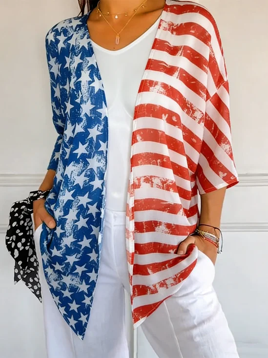Women Summer Outerwear Casual America Flag Half Sleeve Jacket