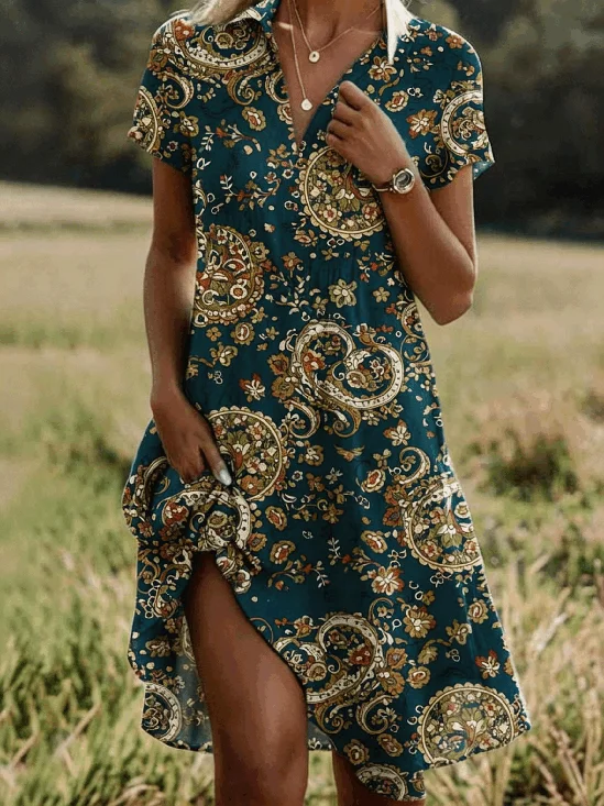 Women Paisley All Season Dress
                                    Shirt Collar Short Sleeve Shirt
                                    Dress A-Line Dress