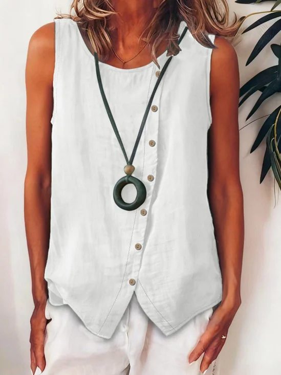 Crew Neck Sleeveless Plain Regular Loose Shirt For Women
