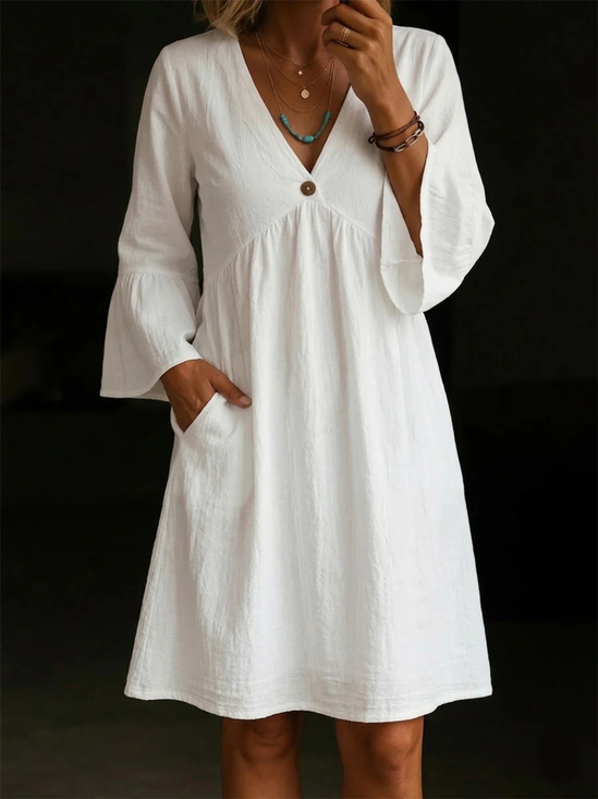 Women Plain Spring/Fall Dress V Neck Three Quarter Sleeve Fit & Flare Dress A-Line Dress