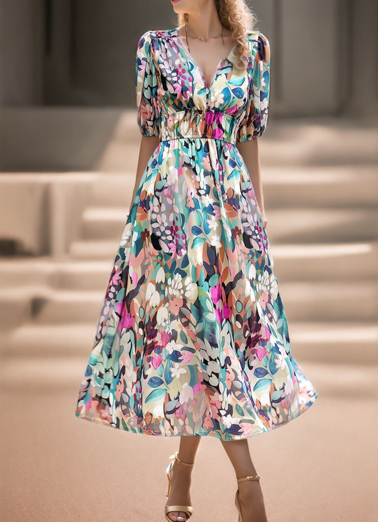 Women Floral Puff Sleeve Summer Dress V Neck Short Sleeve Fit & Flare Dress A-Line Dress
