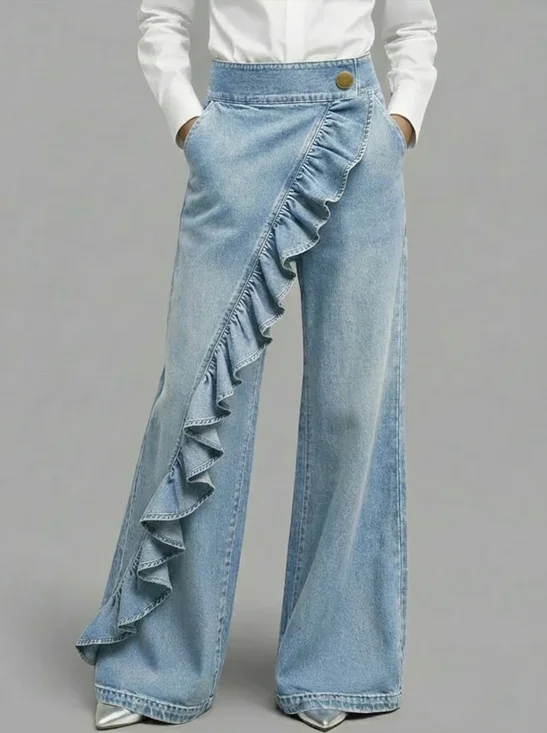 Denim Look Vintage Irregular Ruffle Long Pants High Waist Casual Jeans