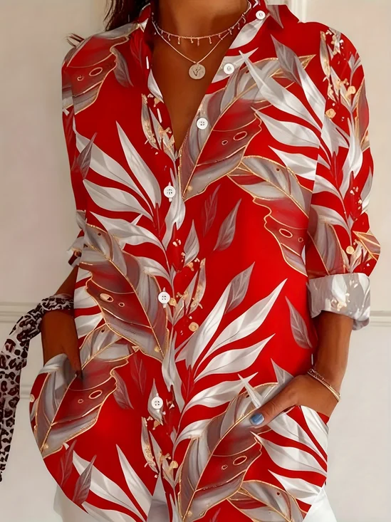 Shirt Collar Long Sleeve Plants Buckle Regular Loose Button Up Shirt Shirt For Women