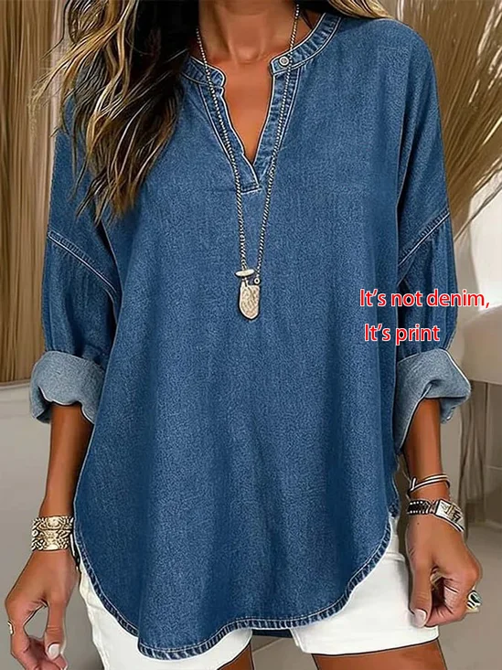 V Neck Long Sleeve Faux Denim Print Graphic Printing Regular Loose Blouse For Women