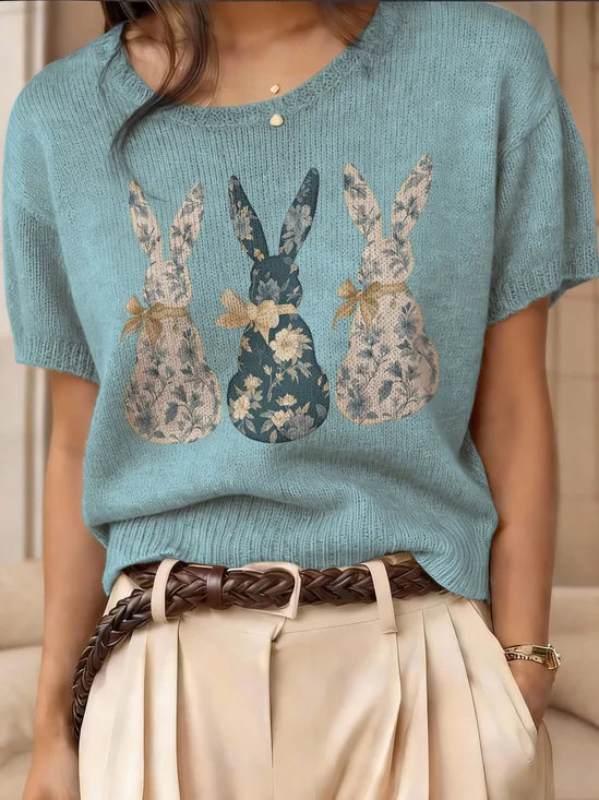 Vintage 3D Printing Floral Short Sleeve Round Neck Easter Rabbit Wool/Knitting Knit Top
