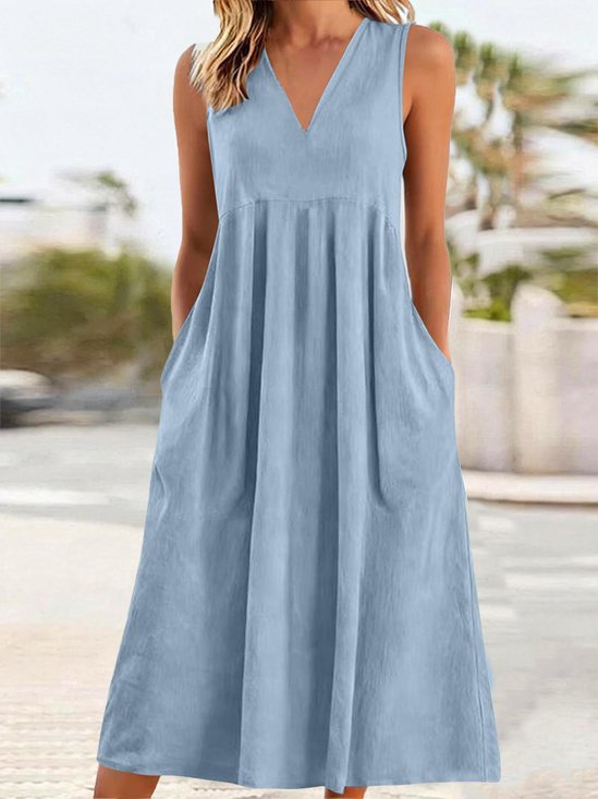 Women Plain Summer Dress V Neck
                                    Sleeveless A-Line Dress