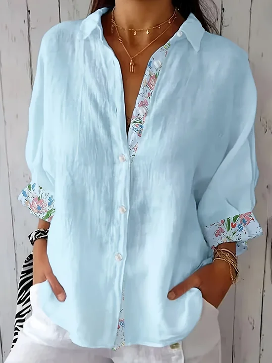 Shirt Collar Three Quarter Sleeve Floral Printing Regular Loose Button Up Shirt Shirt For Women