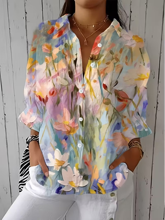 Shirt Collar Three Quarter Sleeve Floral Printing Regular Loose Button Up Shirt Shirt For Women