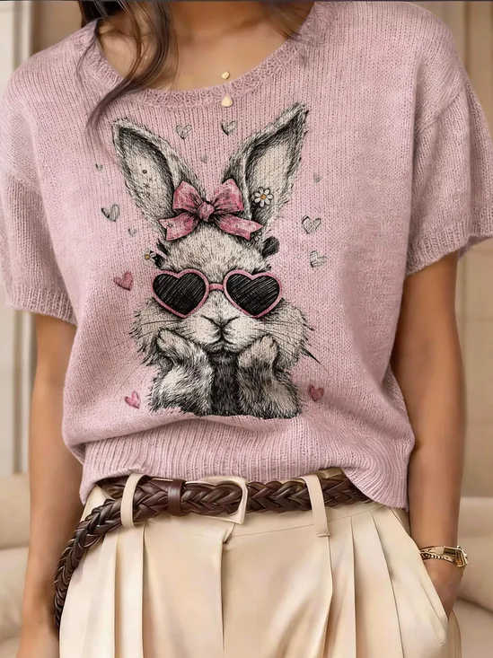 Vintage 3D Printing Floral Short Sleeve Round Neck Easter Rabbit Wool/Knitting Knit Top