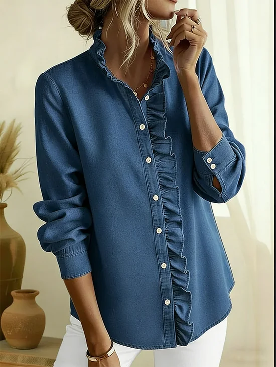 V Neck Long Sleeve Plain Regular Loose Shirt For Women
