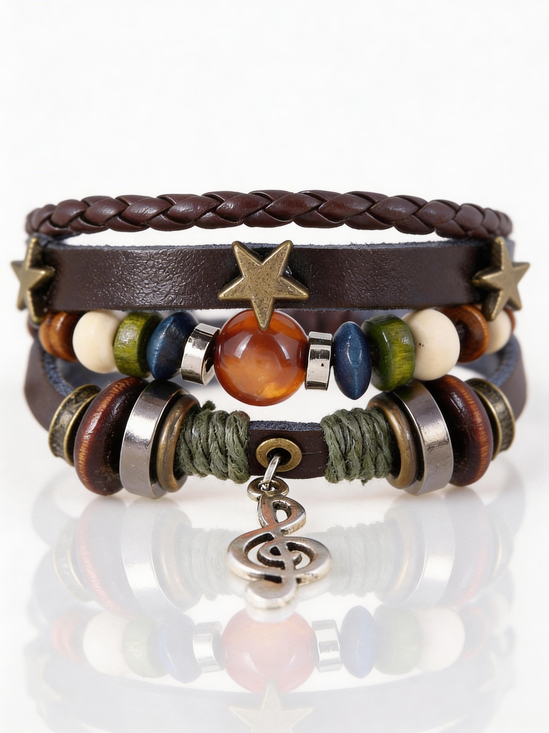 Multilayer Beaded Leather Adjustable Bracelet with Music Note Charm — Hand-Woven Music Festival Accessory