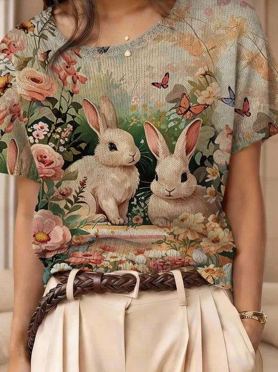 Vintage 3D Printing Floral Short Sleeve Round Neck Easter Rabbit Wool/Knitting Knit Top
