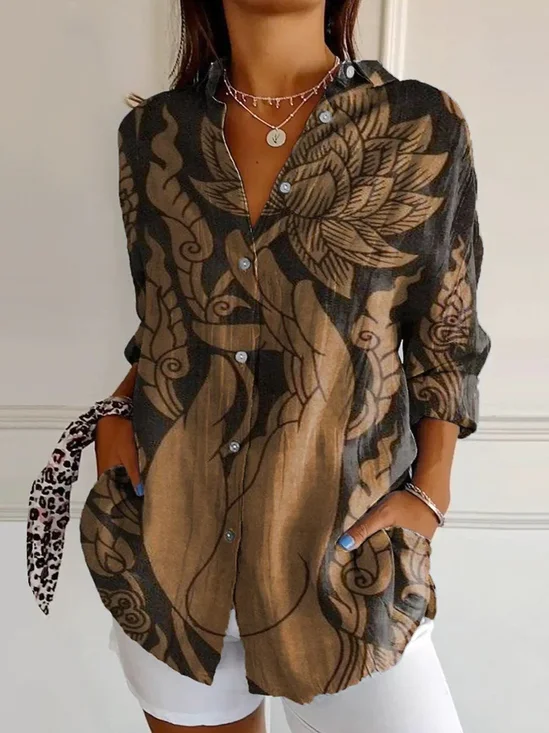 Shirt Collar Long Sleeve Floral Buckle Regular Loose Button Up Shirt Shirt For Women