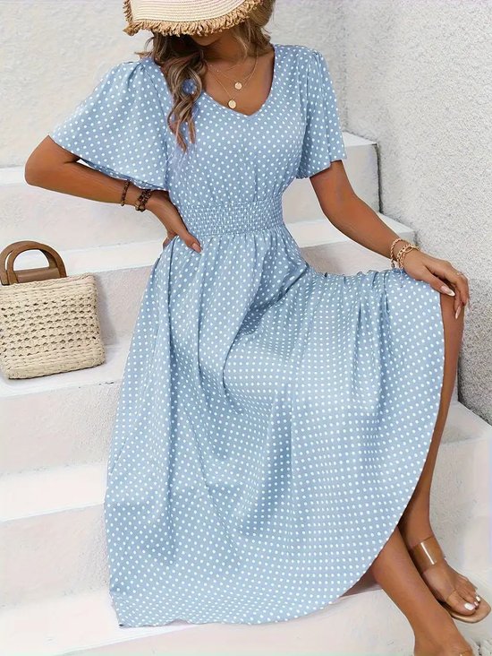 Women Polka Dots Summer Printing Dress V Neck Short Sleeve Tank A-Line Dress