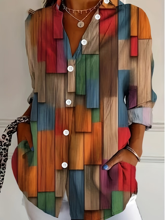 Shirt Collar Long Sleeve Abstract Buckle Regular Loose Button Up Shirt Shirt For Women