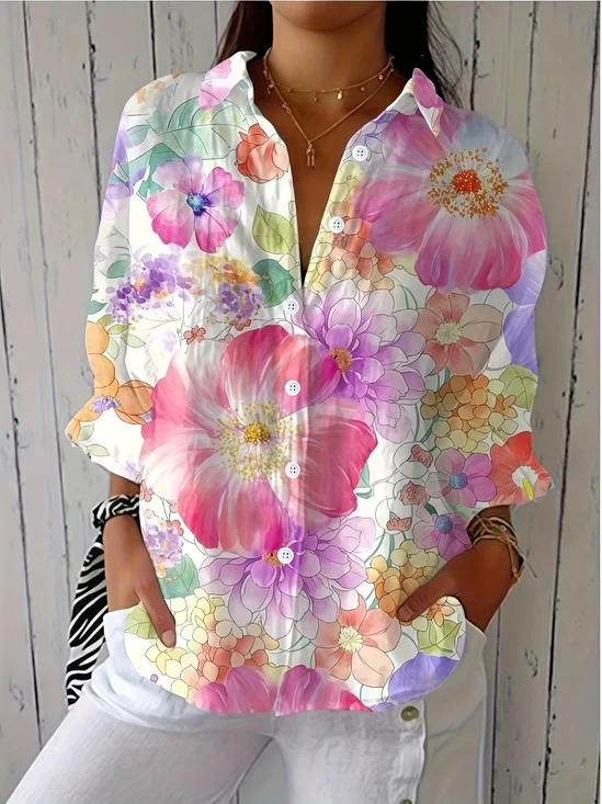 Shirt Collar Three Quarter Sleeve Floral Printing Regular Loose Button Up Shirt Shirt For Women