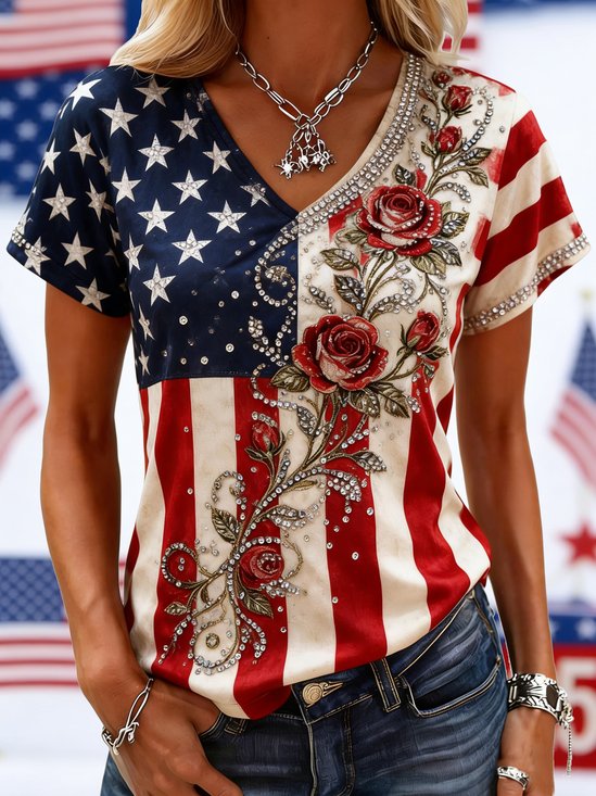 Vintage Floral V Neck Short Sleeve T-shirt