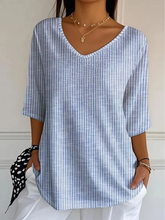 Casual Striped V Neck Three Quarter Sleeve T-shirt