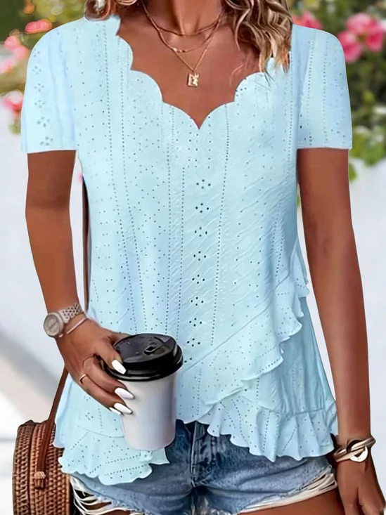 V Neck Short Sleeve Plain Regular Micro-Elasticity Regular Fit Blouse For Women