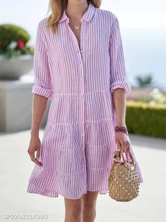 Women Striped Spring/Fall Printing Dress Shawl Collar Long Sleeve Shirt Dress A-Line Dress