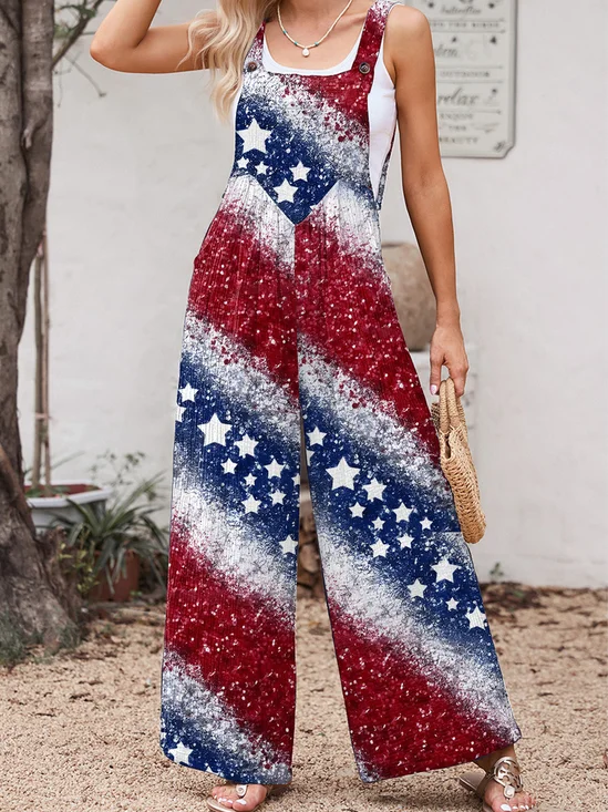 Women 3D Printing Square Neck Sleeveless Casual Summer Jumpsuit