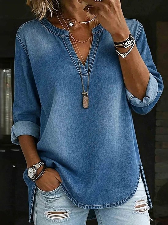 Elegant Faux Denim Print Graphic V Neck Long Sleeve T-shirt