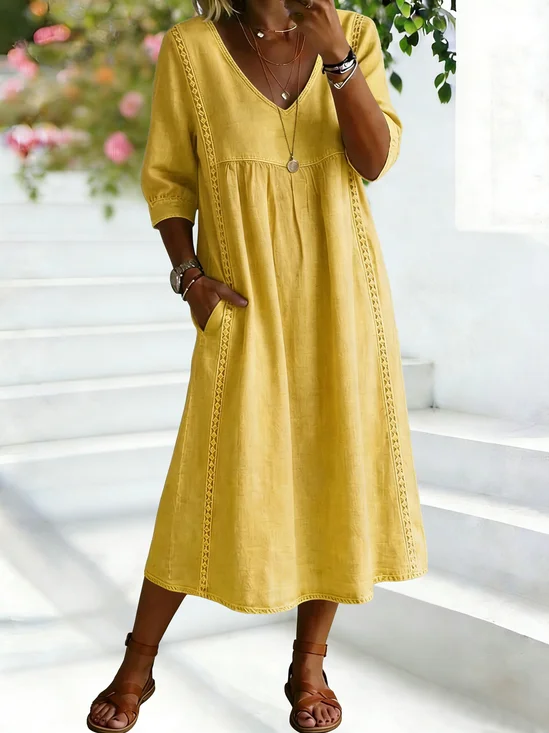 Women Plain Summer Dress V Neck Short Sleeve Fit & Flare Dress A-Line Dress