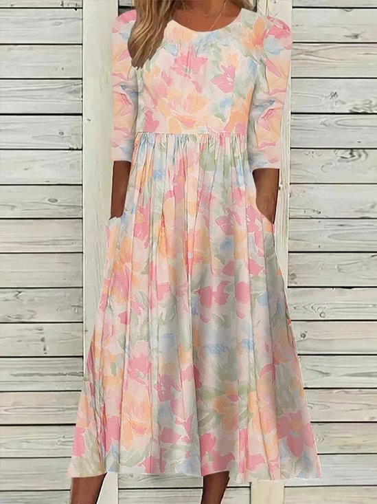 Women Floral Summer Dress Crew
                                    Neck Half Sleeve A-Line Dress