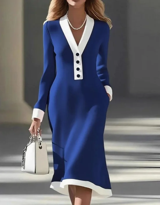 Women Plain Spring/Fall Dress V Neck Long Sleeve Hip Skirt A-Line Dress
