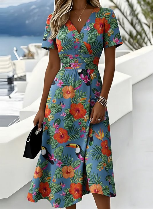 Women Floral Summer Dress V Neck Short Sleeve Beach Dress A-Line Dress