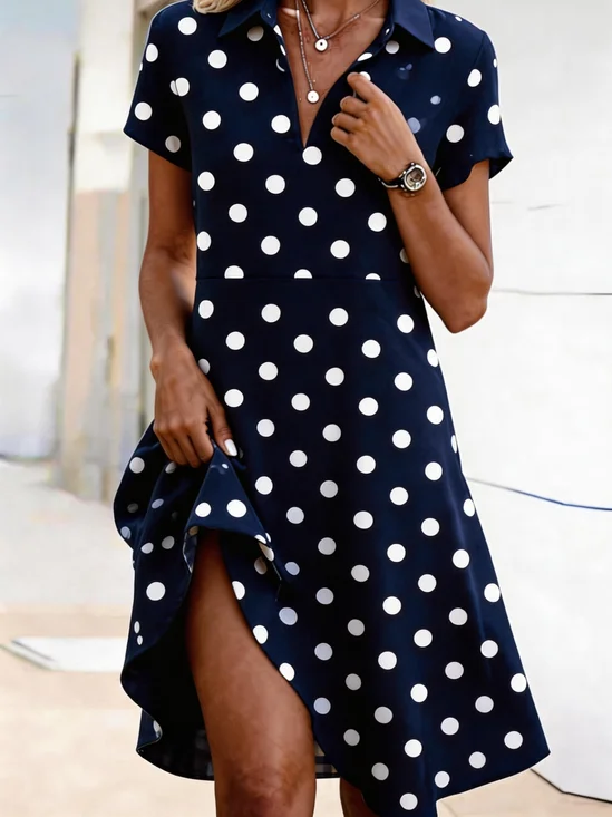 Women Polka Dots Summer Dress Shirt Collar Short Sleeve Shirt Dress A-Line Dress