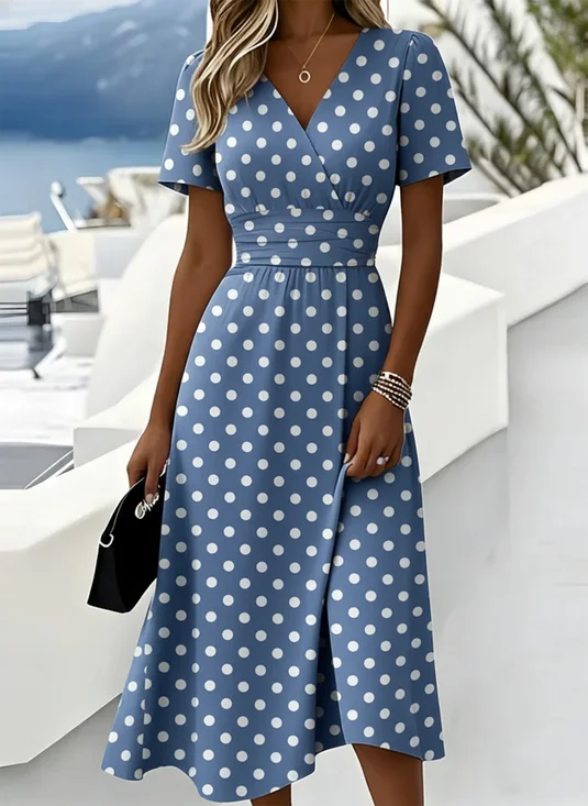 Women Polka Dots Summer Dress V Neck Short Sleeve Beach Dress A-Line Dress