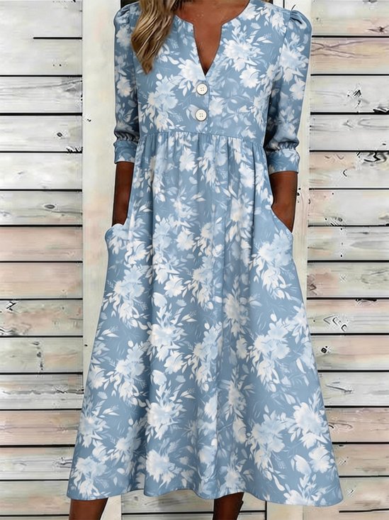 Women Floral Summer Dress Half Open Collar Half Sleeve A-Line Dress