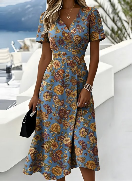Women Floral Summer Dress V Neck Short Sleeve Beach Dress A-Line Dress