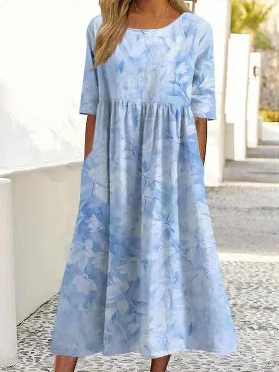 Women Floral Summer Dress Crew
                                    Neck Half Sleeve A-Line Dress