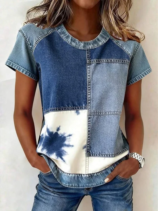 Vintage Faux Denim Print Graphic Crew Neck Short Sleeve T-shirt