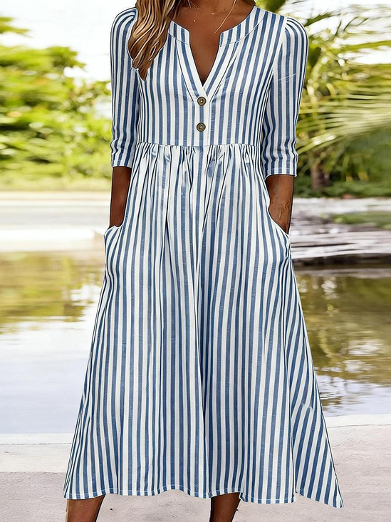 Women Striped Summer Dress Half Open Collar Half Sleeve A-Line Dress