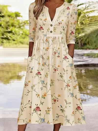 Women Floral Summer Dress Half Open Collar Half Sleeve A-Line Dress