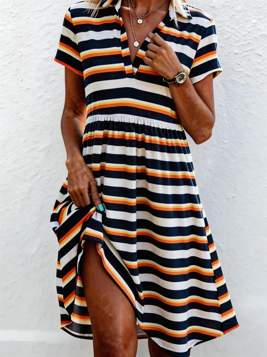 Women Striped Summer Dress Shirt Collar Short Sleeve Shirt Dress A-Line Dress