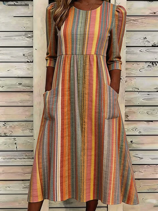 Women Striped Summer Dress Crew
                                    Neck Half Sleeve A-Line Dress