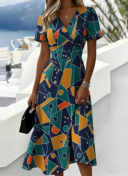 Women Geometric Summer Dress V Neck Short Sleeve Beach Dress A-Line Dress
