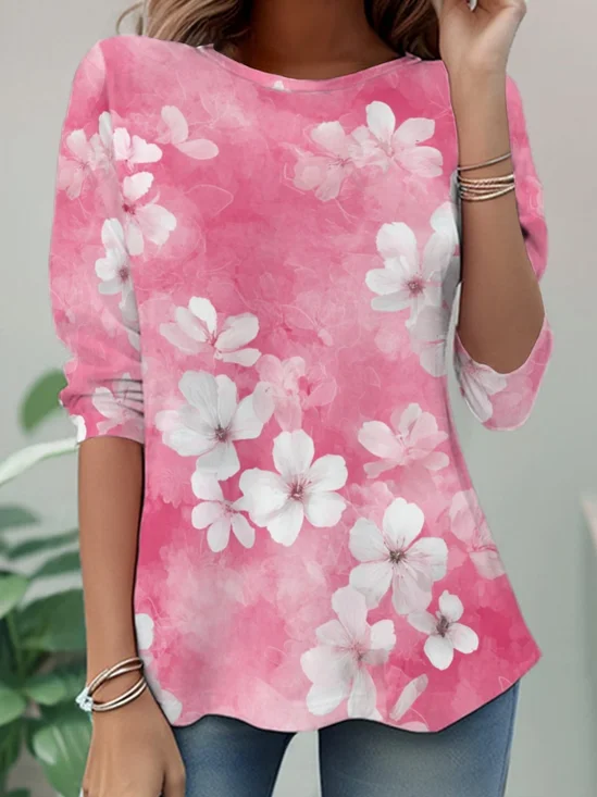 Casual Floral Crew Neck Long Sleeve T-shirt