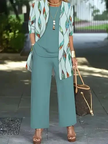 Women Leaf Matching Outfit Daily Long Sleeve Elegant Spring/Fall Top With Pants Matching Set
