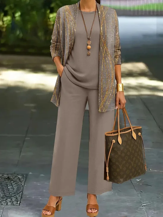 Women Striped Matching Outfit Daily Long Sleeve Elegant Spring/Fall Top With Pants Matching Set