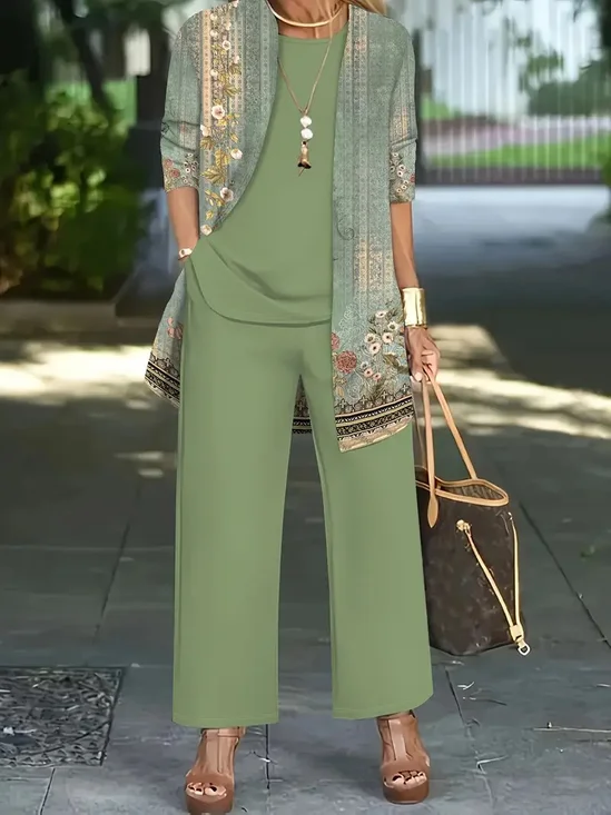 Women Geometric Matching Outfit Daily Long Sleeve Elegant Spring/Fall Top With Pants Matching Set