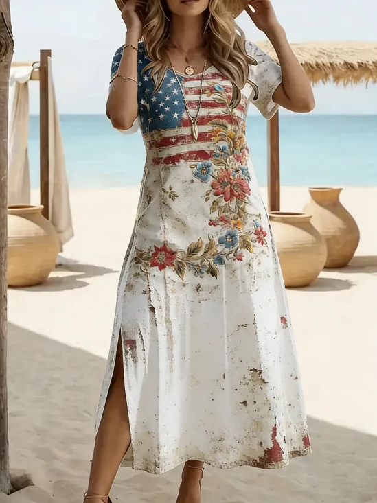 Women
                      Floral Summer Printing Dress Crew Neck Short
                      Sleeve T-Shirt Dress H-Line Dress