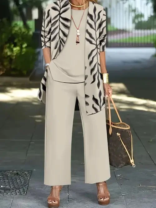 Women Botanical Pattern Matching Outfit Daily Long Sleeve Elegant Spring/Fall Top With Pants Matching Set