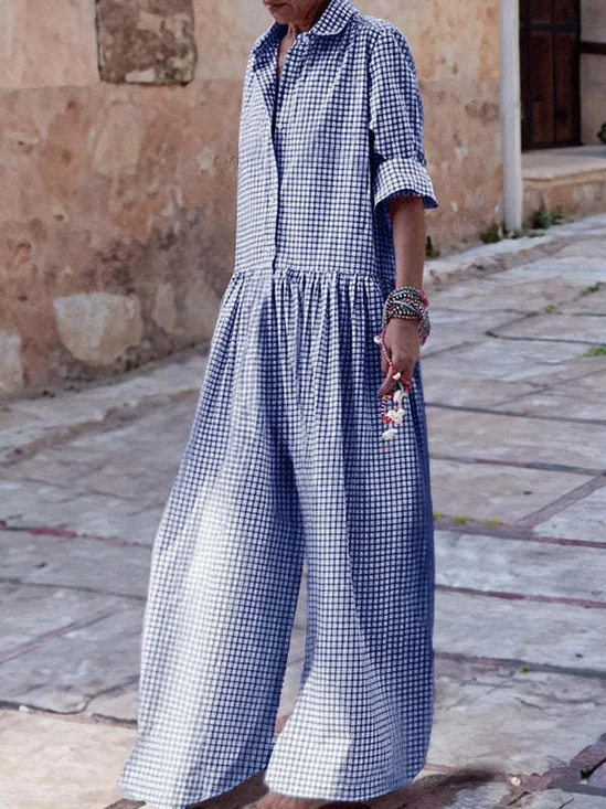 Women Plaid Shawl Collar Long Sleeve Casual Spring/Fall Cotton Jumpsuit