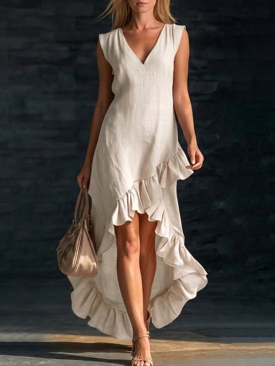 Women Plain Summer Dress V Neck Sleeveless Ruffle Skirt A-Line Dress