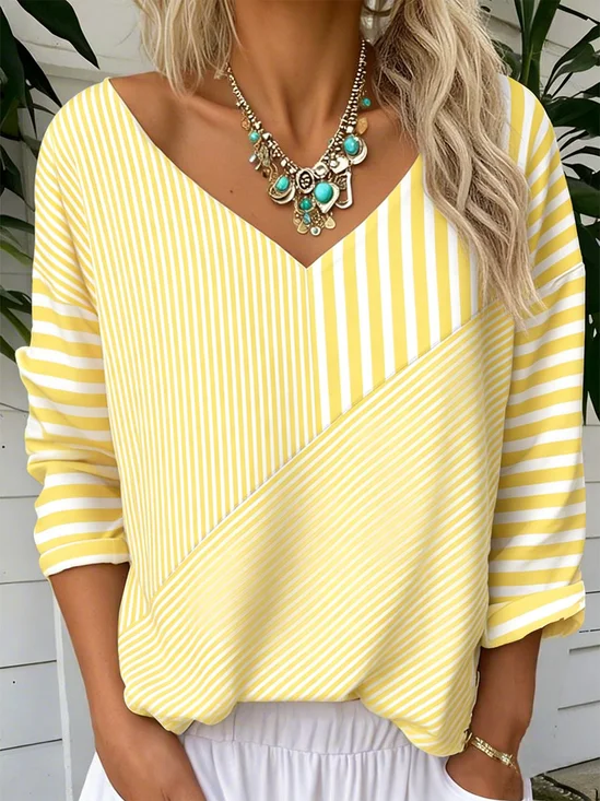 Vintage Striped V Neck Long Sleeve T-shirt